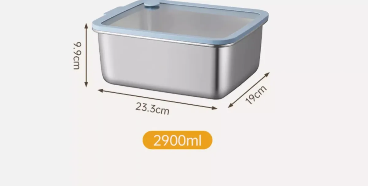 2900 ml stainless steel food storage container measuring 23.3 x 19 x 9.9 cm