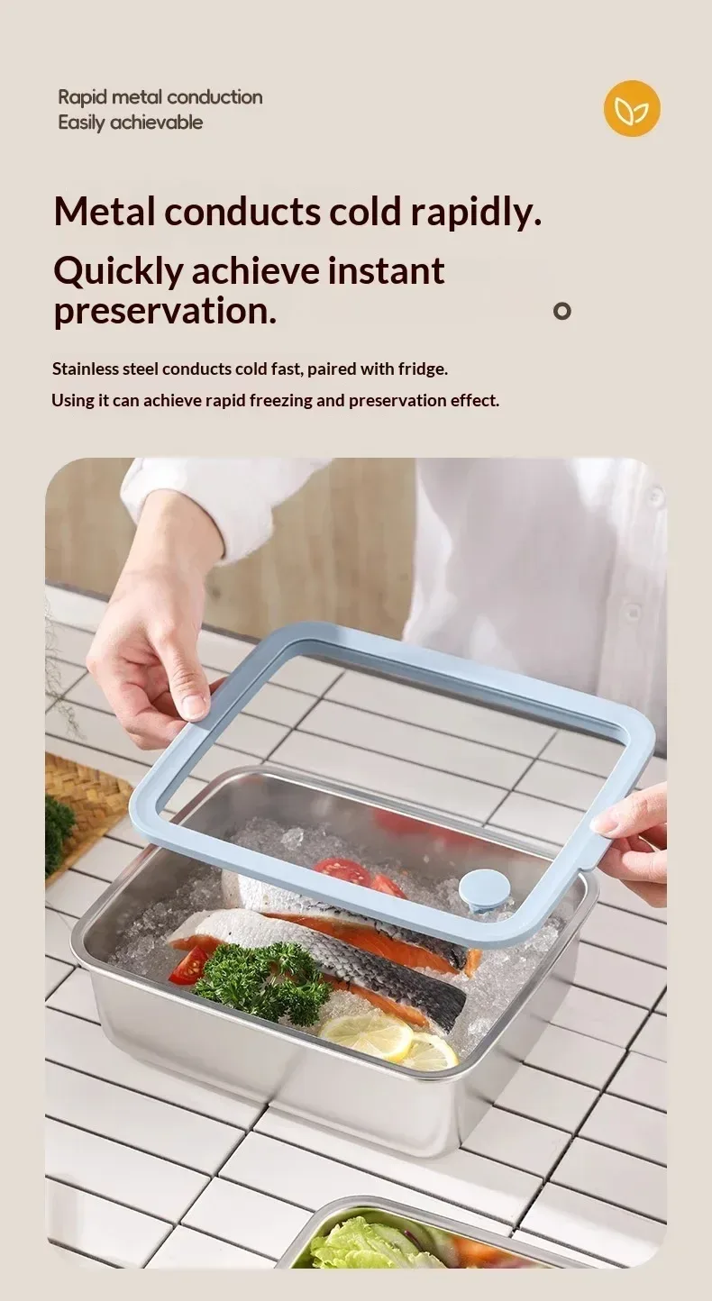 stainless steel food storage container with glass lid keeping fish cold