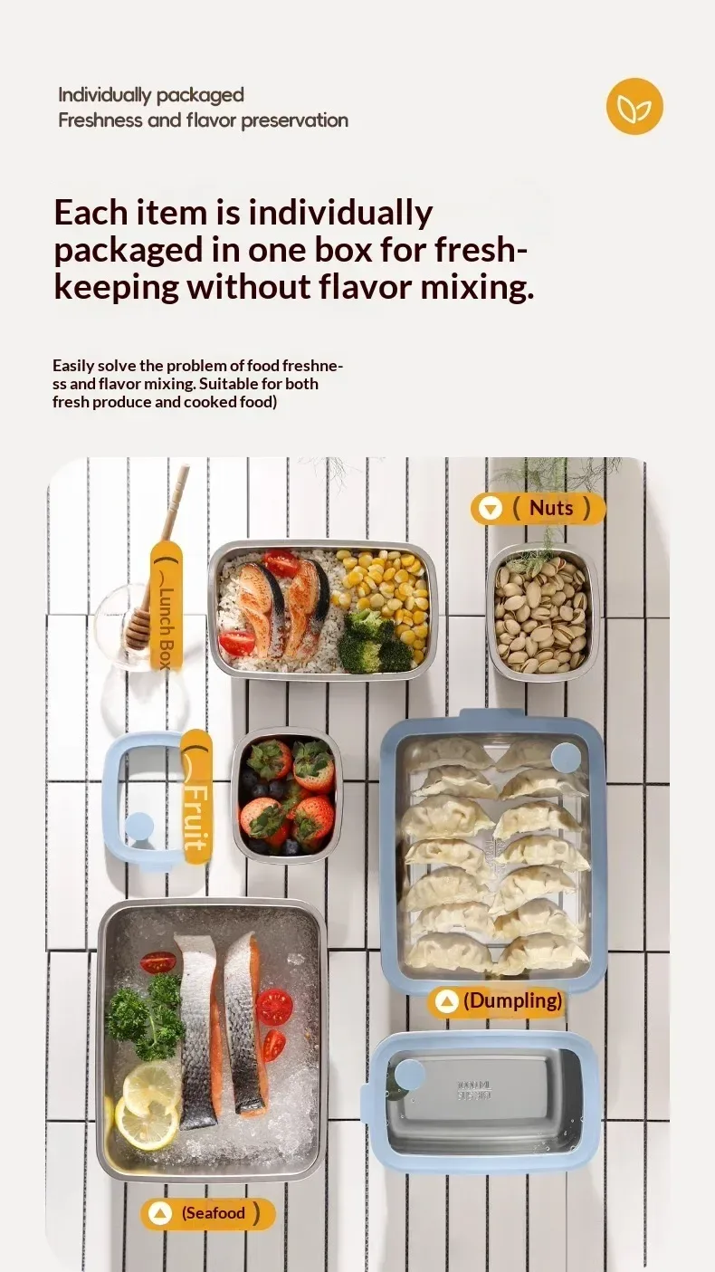 stainless steel food storage containers holding fish, dumplings, nuts and fruit