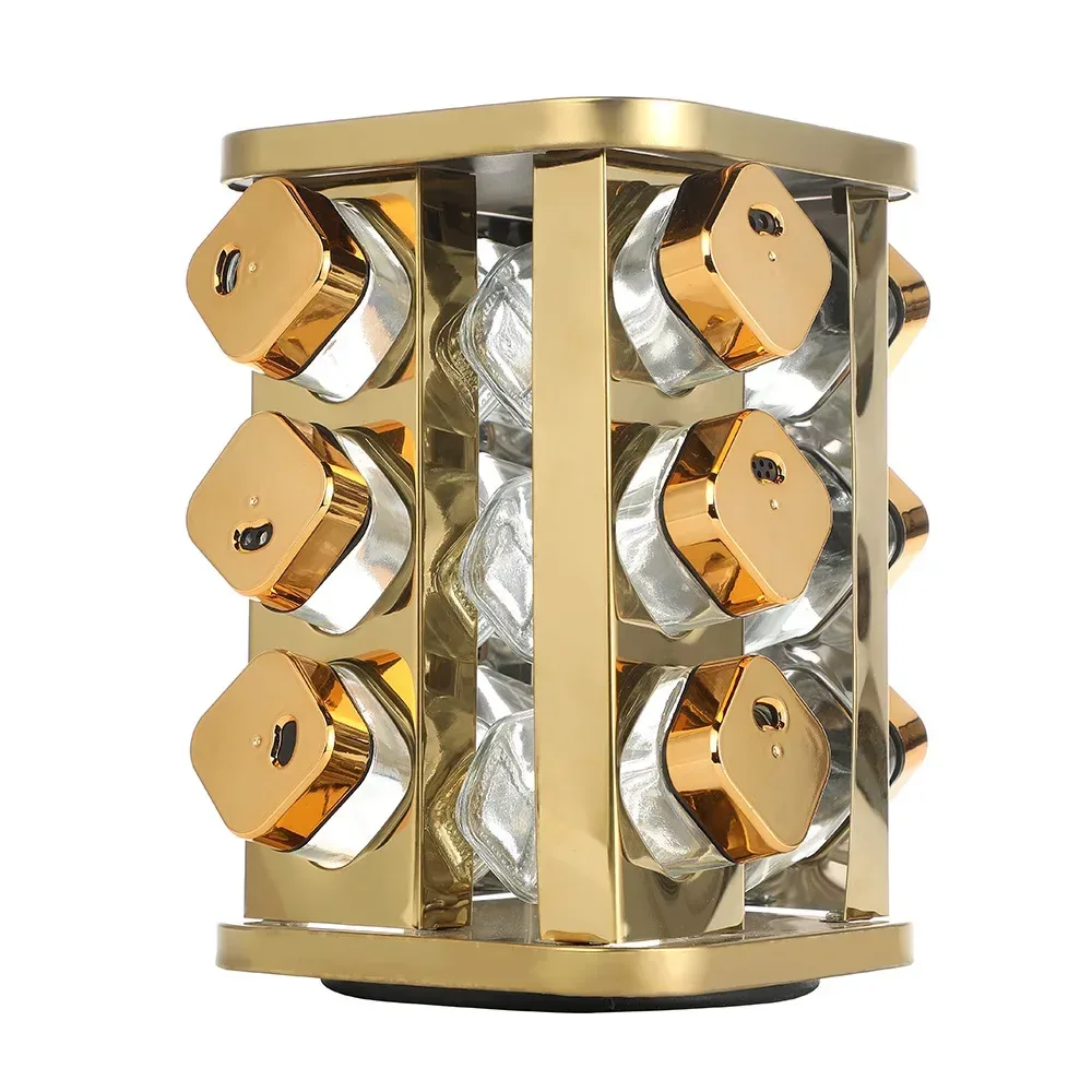 gold rotating spice rack square frame with glass jars