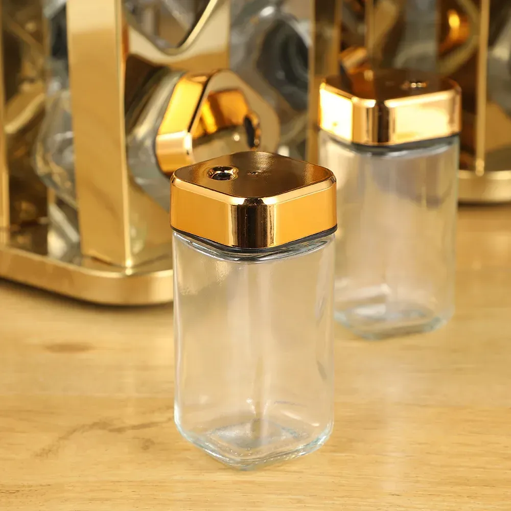 square glass spice jar with gold shaker lid