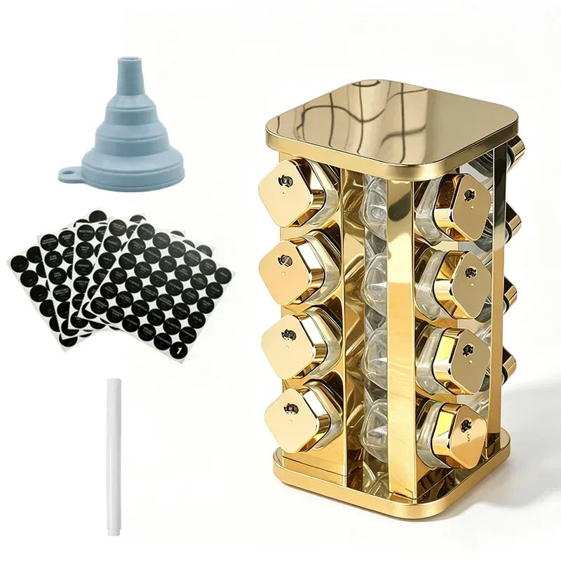 gold spice rack with funnel, jar labels and chalk marker