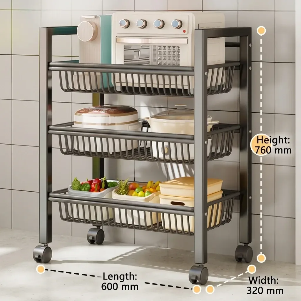 3 tier rolling kitchen rack dimensions 600 x 320 x 760 mm