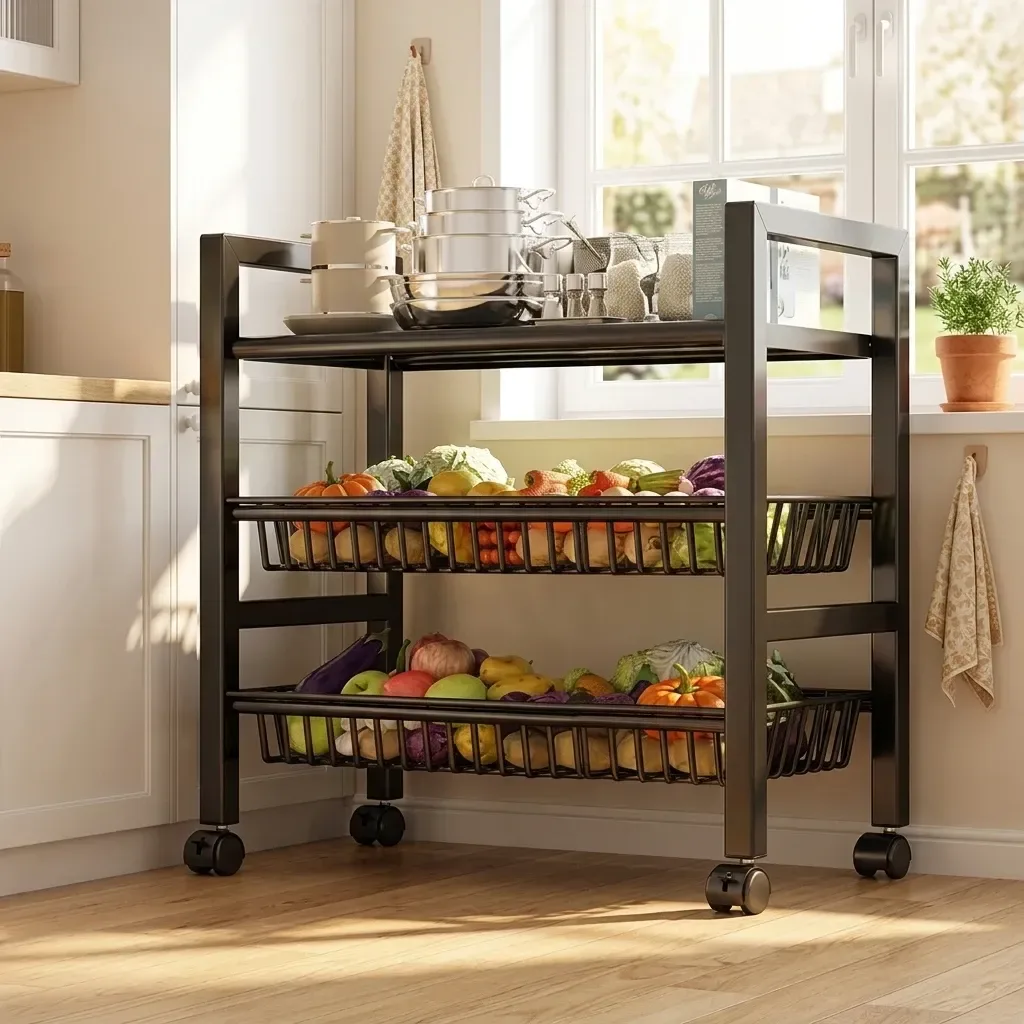 3 tier rolling kitchen rack storing fruit and vegetables
