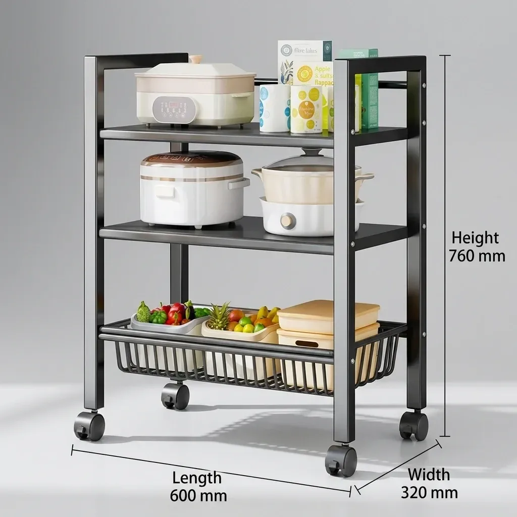 rolling kitchen rack with two shelves and a basket