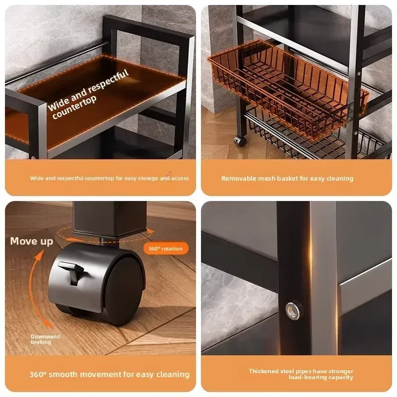 details of the rolling kitchen rack: wide top shelf, removable mesh basket, swivel wheel and steel frame