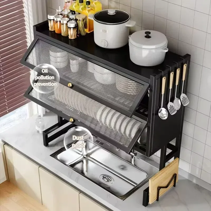 over sink dish rack doors protecting dishes from dust and splashes