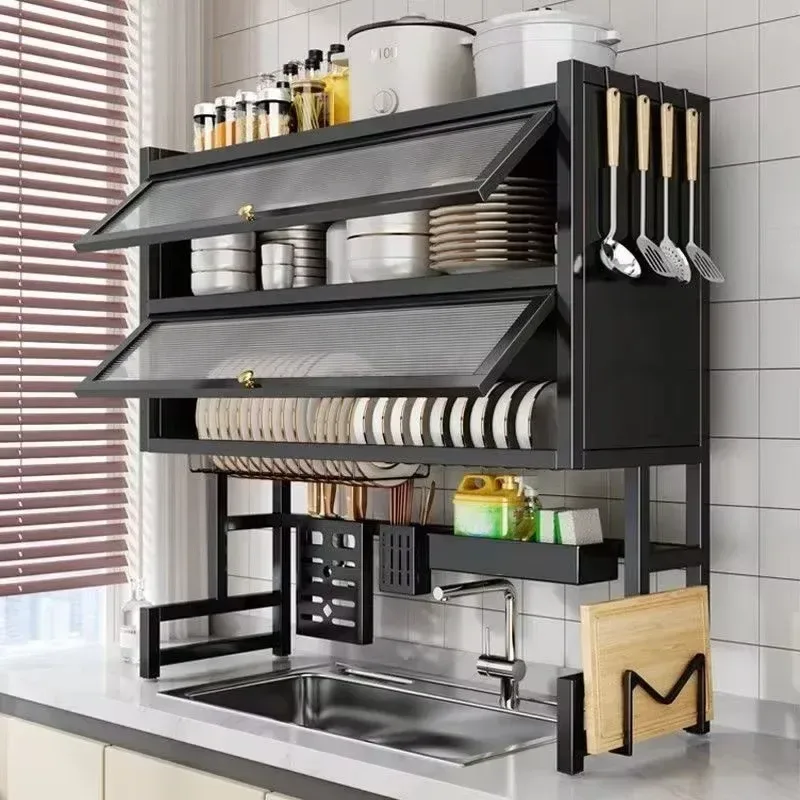 over sink dish rack with utensil hooks and chopping board holder