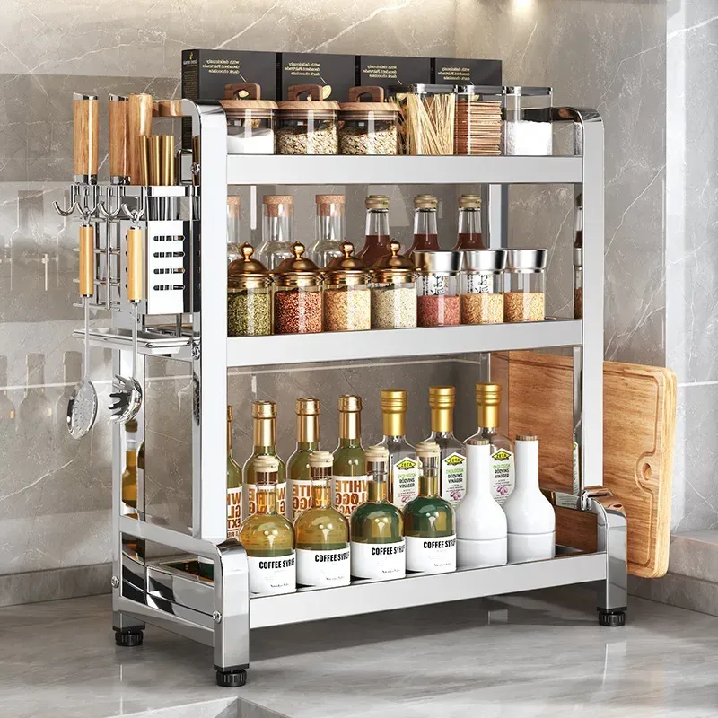 stainless steel kitchen shelf rack on a kitchen worktop